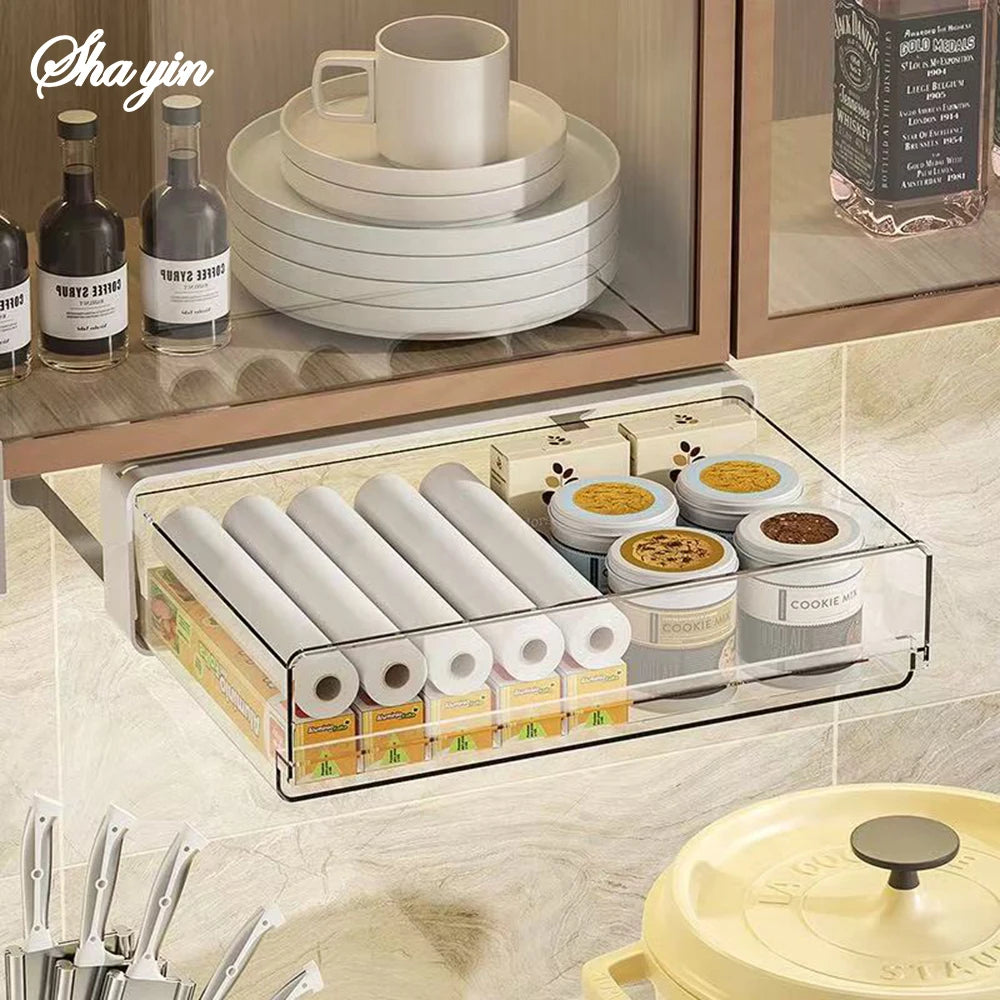 Drawer Storage Box Under Table Hidden Self-Adhesive Drawer Type Organizer Cabinet Office Desk Cosmetics Stationery Storage Rack